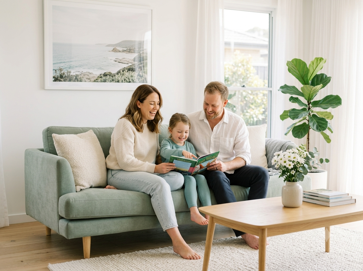 A family at home in a bright living room